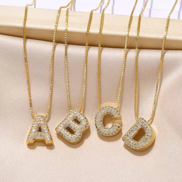 Jewelry Copper Box Chain English Alphabet Zircon Gold Plated Necklace Set Simple Style