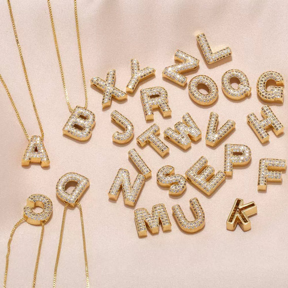 Jewelry Copper Box Chain English Alphabet Zircon Gold Plated Necklace Set Simple Style