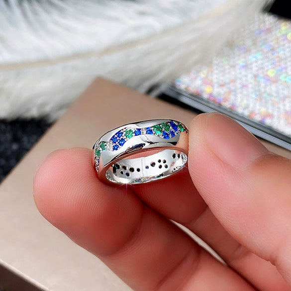 Jewelry Copper Couple Ring Inlaid Blue Green Zircon Geometric Style