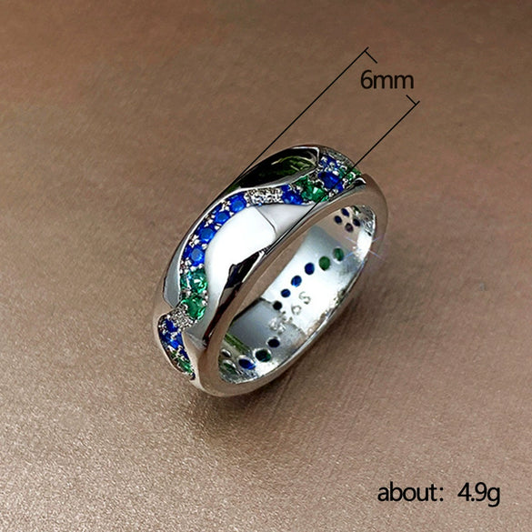 Jewelry Copper Couple Ring Inlaid Blue Green Zircon Geometric Style