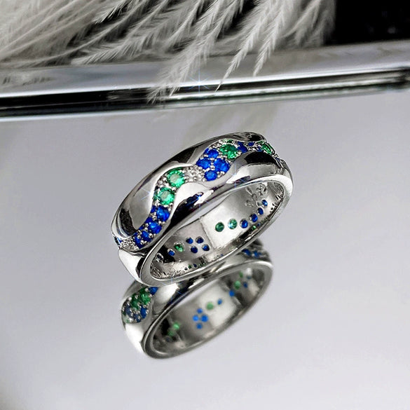 Jewelry Copper Couple Ring Inlaid Blue Green Zircon Geometric Style