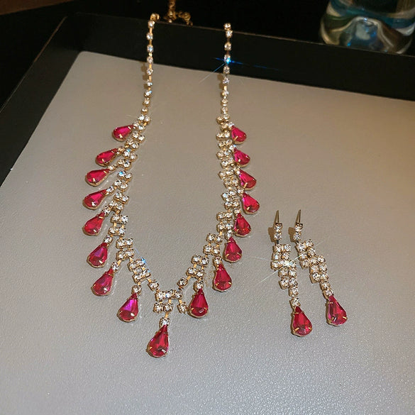 Jewelry Copper Geometric Diamondencrusted Square Tassel Clavicle Chain Earrings Necklace Light Luxury