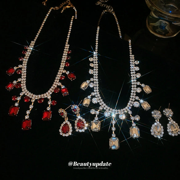 Jewelry Copper Geometric Diamondencrusted Square Tassel Clavicle Chain Earrings Necklace Light Luxury