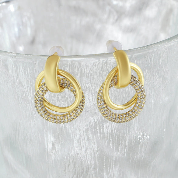 Jewelry Copper Geometric Double Ring Round Earrings And Ring With Diamonds For Women Electroplated