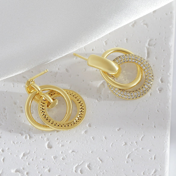Jewelry Copper Geometric Double Ring Round Earrings And Ring With Diamonds For Women Electroplated