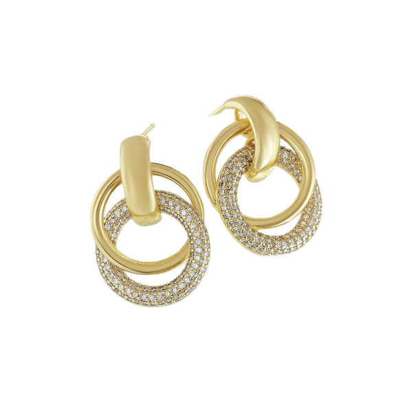 Jewelry Copper Geometric Double Ring Round Earrings And Ring With Diamonds For Women Electroplated
