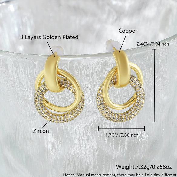 Jewelry Copper Geometric Double Ring Round Earrings And Ring With Diamonds For Women Electroplated