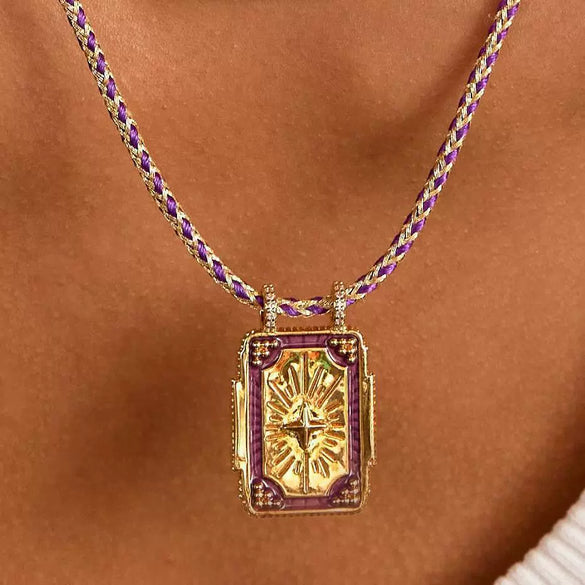 Jewelry Copper Geometric Retro Style Tarot Pendant Long Necklace Set With Diamonds Mixed Gemstone