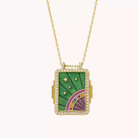 Jewelry Copper Geometric Retro Style Tarot Pendant Long Necklace Set With Diamonds Mixed Gemstone