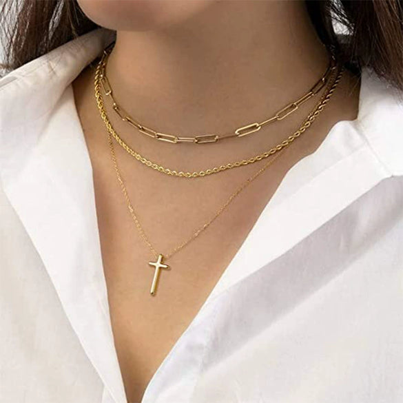 Jewelry Copper Geometric Round Cross Pieces Eye Single Double Triple Layer Multi Style Elegant Fashion Medieval Neck Chain