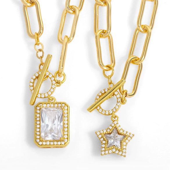 Jewelry Copper Heart Shape Fivepointed Star Diamond Zircon Pendant Necklace Whip Chain
