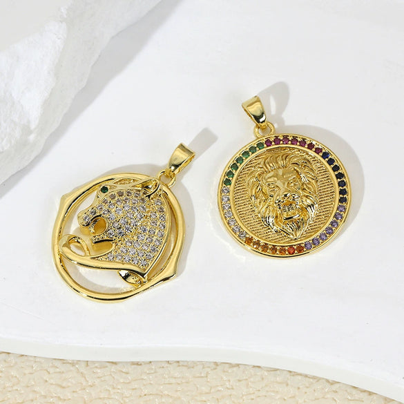 Jewelry Copper Inlaid With Zircon Animal Lion Tiger Leopard Cheetah Hollow Electroplated Pendant