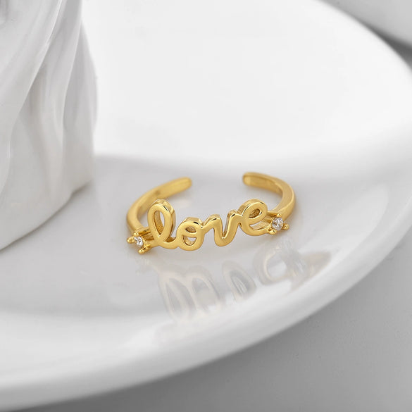 Jewelry Copper 18K Gold Plated Love Geometric Zircon Open Ring For Women