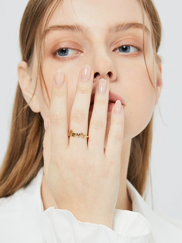 Jewelry Copper 18K Gold Plated Love Geometric Zircon Open Ring For Women
