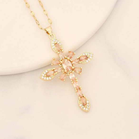 Jewelry Copper Micro Inlaid Zircon Cross Pendant Necklace