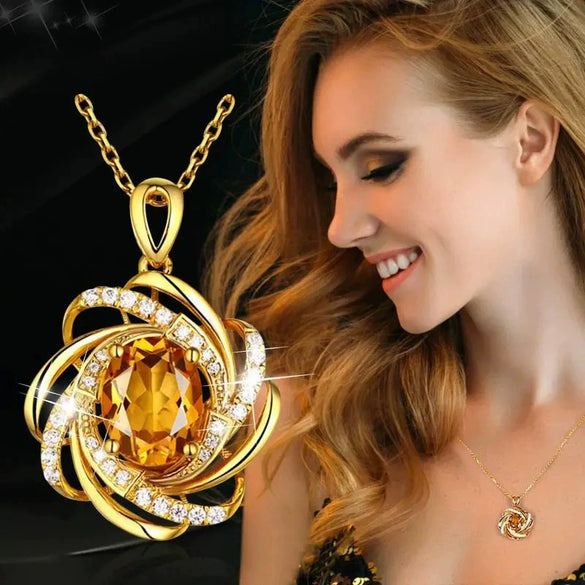 Jewelry Copper Mixed Gem Inlay Geometric Retro Flower Pendant Ochain Necklace