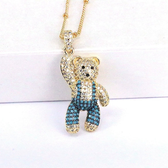 Jewelry Copper Mixed Gemstone Setting Cute Bear Pendant Necklace With Cartoon Characters Style And Electroplating Process