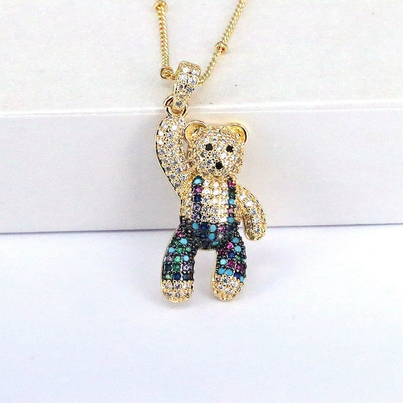 Jewelry Copper Mixed Gemstone Setting Cute Bear Pendant Necklace With Cartoon Characters Style And Electroplating Process