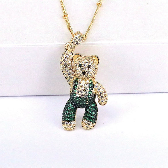 Jewelry Copper Mixed Gemstone Setting Cute Bear Pendant Necklace With Cartoon Characters Style And Electroplating Process