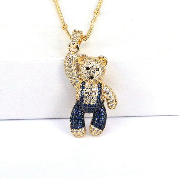 Jewelry Copper Mixed Gemstone Setting Cute Bear Pendant Necklace With Cartoon Characters Style And Electroplating Process