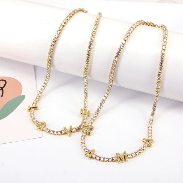 Jewelry Copper Mixed Gemstone Setting Lovely Letters Numbers Text Style Clavicle Chain Necklace
