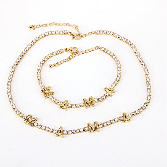 Jewelry Copper Mixed Gemstone Setting Lovely Letters Numbers Text Style Clavicle Chain Necklace