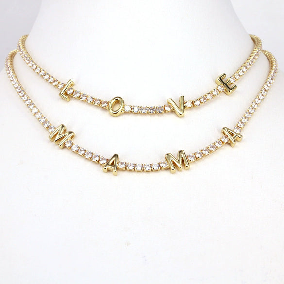 Jewelry Copper Mixed Gemstone Setting Lovely Letters Numbers Text Style Clavicle Chain Necklace