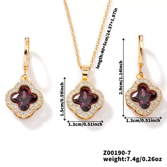 Jewelry Copper Ochain Set With Natural Plant Flowers Pattern And Zircon Inlay