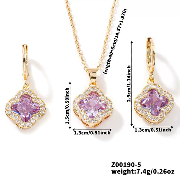 Jewelry Copper Ochain Set With Natural Plant Flowers Pattern And Zircon Inlay