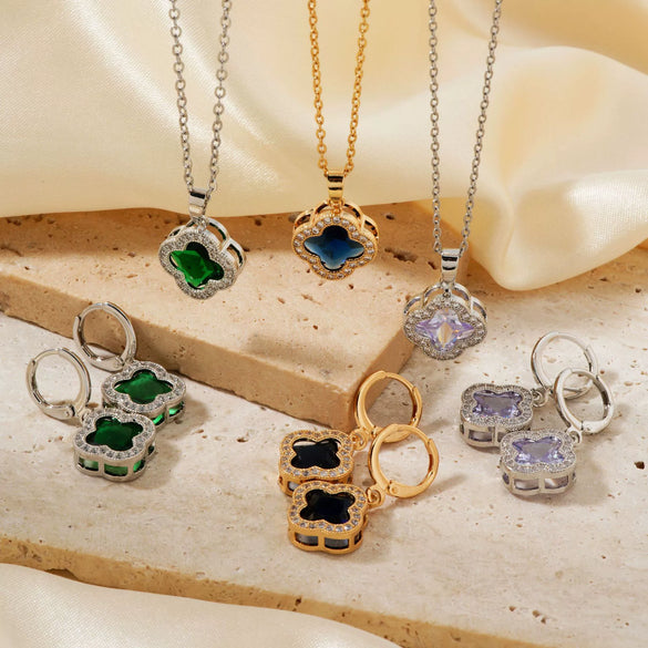 Jewelry Copper Ochain Set With Natural Plant Flowers Pattern And Zircon Inlay