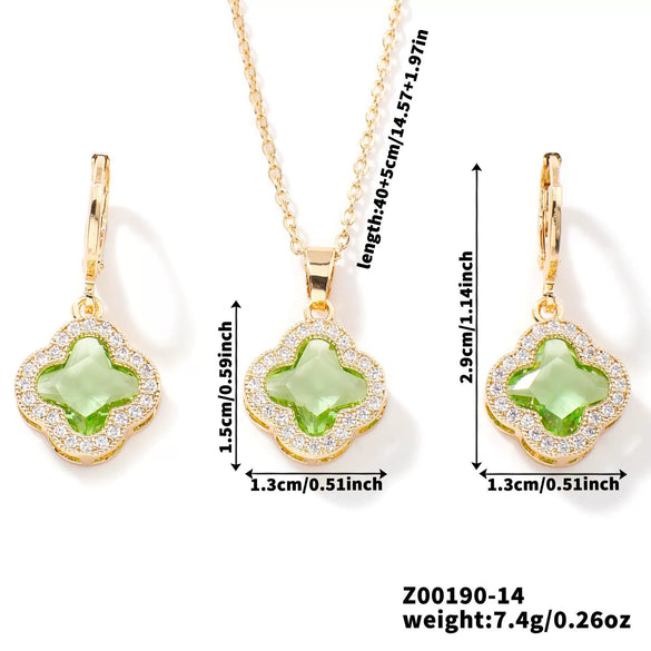 Jewelry Copper Ochain Set With Natural Plant Flowers Pattern And Zircon Inlay