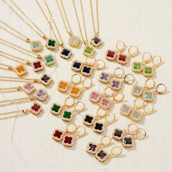 Jewelry Copper Ochain Set With Natural Plant Flowers Pattern And Zircon Inlay