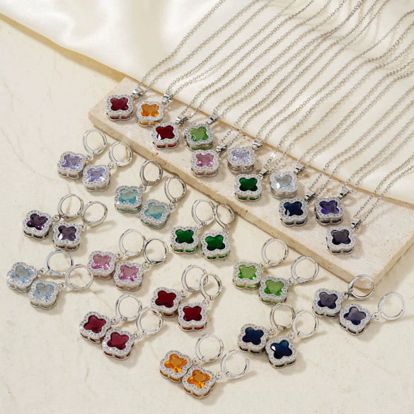 Jewelry Copper Ochain Set With Natural Plant Flowers Pattern And Zircon Inlay