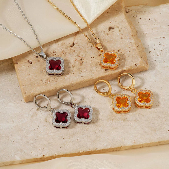 Jewelry Copper Ochain Set With Natural Plant Flowers Pattern And Zircon Inlay