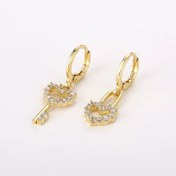 Jewelry Copper Peach Heart Lock Asymmetrical Earrings With Zircon And Geometric Design For Women