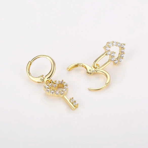 Jewelry Copper Peach Heart Lock Asymmetrical Earrings With Zircon And Geometric Design For Women