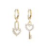 Jewelry Copper Peach Heart Lock Asymmetrical Earrings With Zircon And Geometric Design For Women
