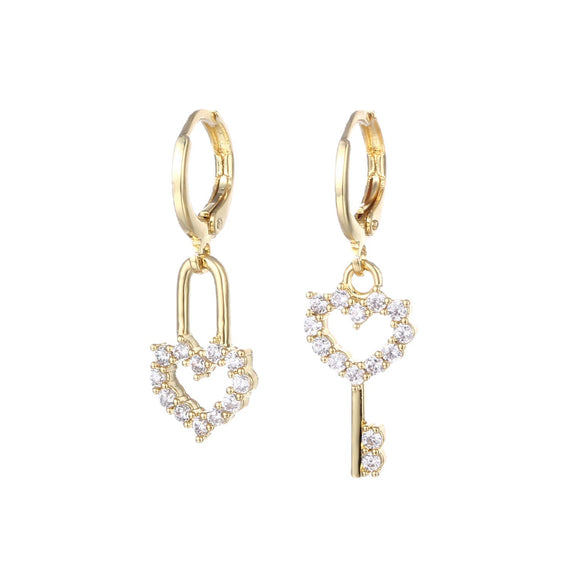 Jewelry Copper Peach Heart Lock Asymmetrical Earrings With Zircon And Geometric Design For Women