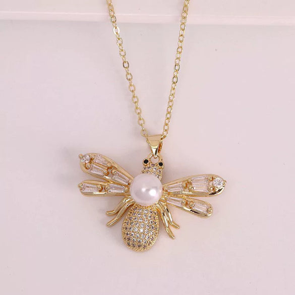 Jewelry Copper Pendant Necklace With Zircon Imitation Pearl Insect Animal Zodiac Pattern Electroplated Inlaid Enamel Water Wave Chain For Women