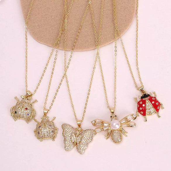 Jewelry Copper Pendant Necklace With Zircon Imitation Pearl Insect Animal Zodiac Pattern Electroplated Inlaid Enamel Water Wave Chain For Women