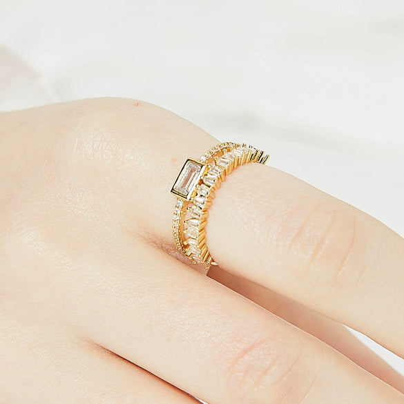 Jewelry Copper Plated 18K Gold Irregular Double Ladder Square Zirconium Geometric Open Ring Women's