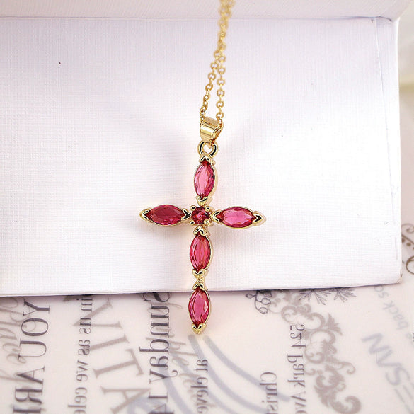 Jewelry Copper Plated 18K Gold Micro Inlay Colored Zircon Cross Pendant Clavicle Chain With Geometric Pattern And Creative Personality Style