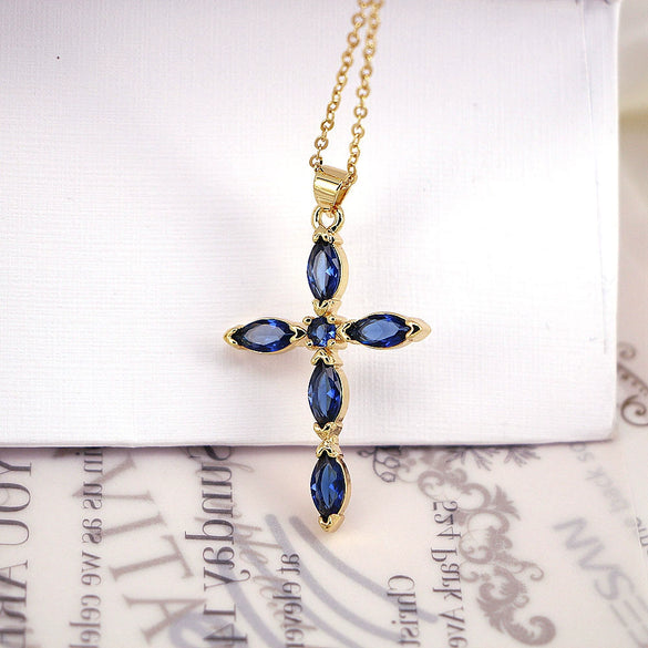 Jewelry Copper Plated 18K Gold Micro Inlay Colored Zircon Cross Pendant Clavicle Chain With Geometric Pattern And Creative Personality Style