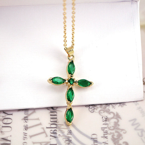 Jewelry Copper Plated 18K Gold Micro Inlay Colored Zircon Cross Pendant Clavicle Chain With Geometric Pattern And Creative Personality Style