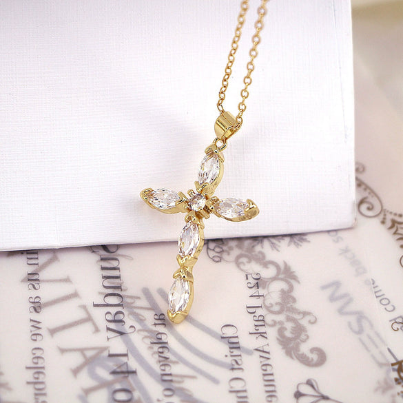Jewelry Copper Plated 18K Gold Micro Inlay Colored Zircon Cross Pendant Clavicle Chain With Geometric Pattern And Creative Personality Style