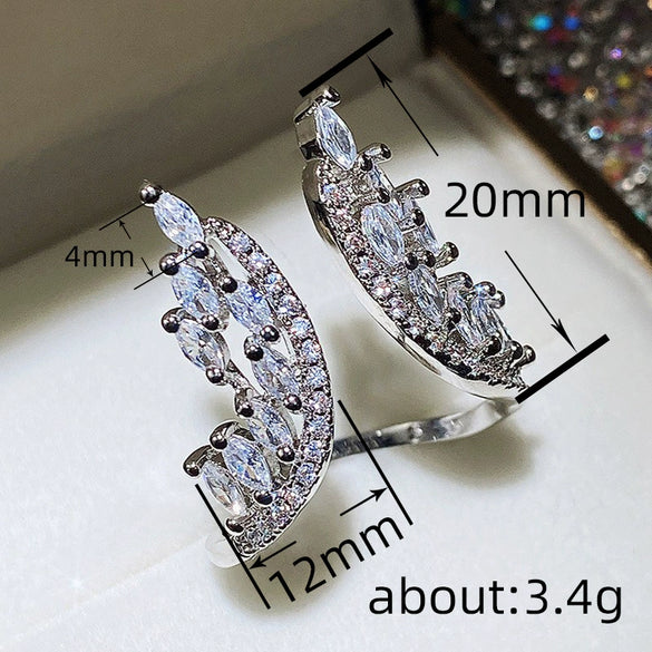 Jewelry Copper Ring Earrings With Feather And Plant Flowers Pattern And Zircon Design For Women
