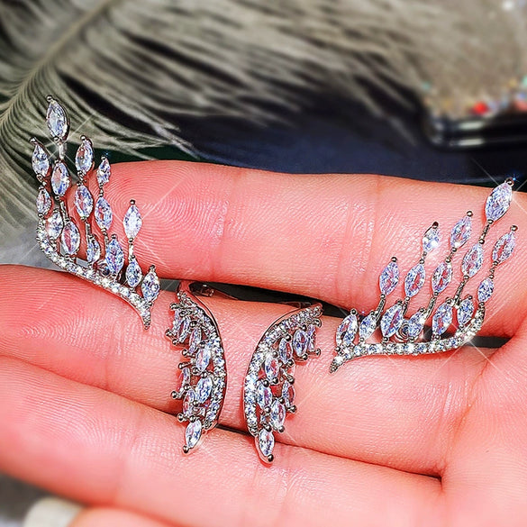 Jewelry Copper Ring Earrings With Feather And Plant Flowers Pattern And Zircon Design For Women