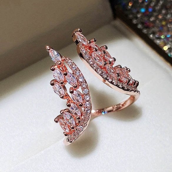 Jewelry Copper Ring Earrings With Feather And Plant Flowers Pattern And Zircon Design For Women