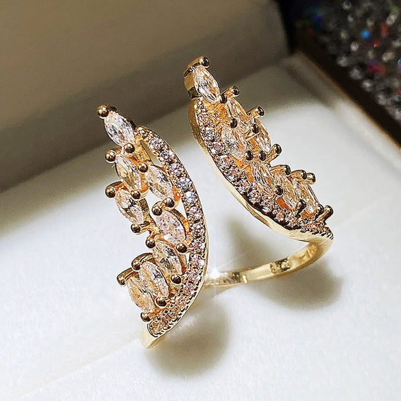 Jewelry Copper Ring Earrings With Feather And Plant Flowers Pattern And Zircon Design For Women
