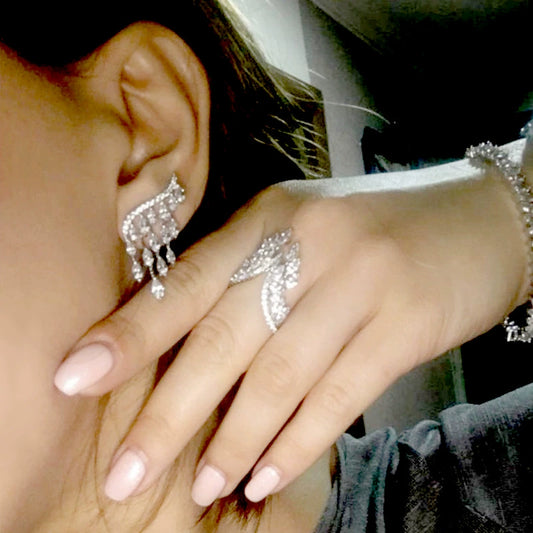 Jewelry Copper Ring Earrings With Feather And Plant Flowers Pattern And Zircon Design For Women